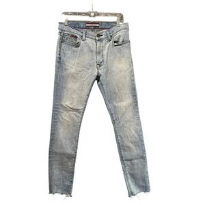 Tommy Hilfiger Slim Jeans Mens 31x30 Light Blue Raw Hem Distressed Tapered